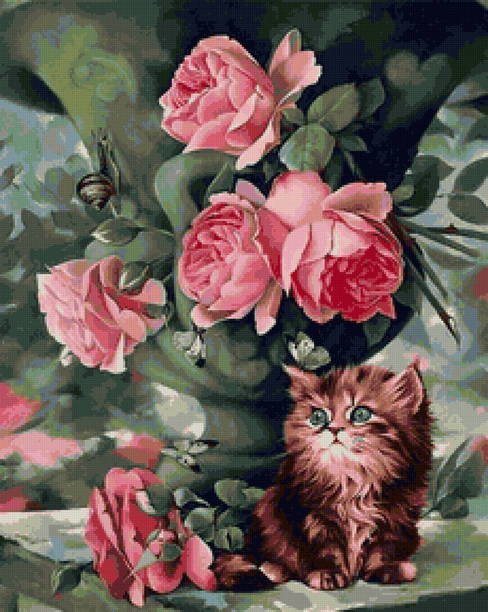 котик, ваза и розовые розы - ваза и розовые розы, котик - предпросмотр