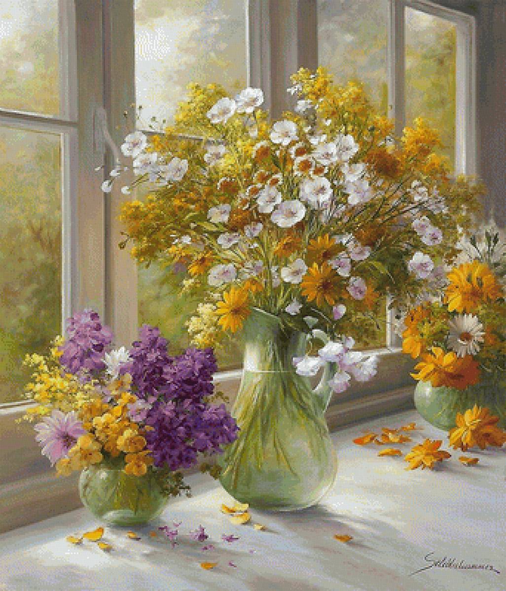 Утро. Хайнс Шольнхаммер - окно, ваза, утро, цветы - предпросмотр