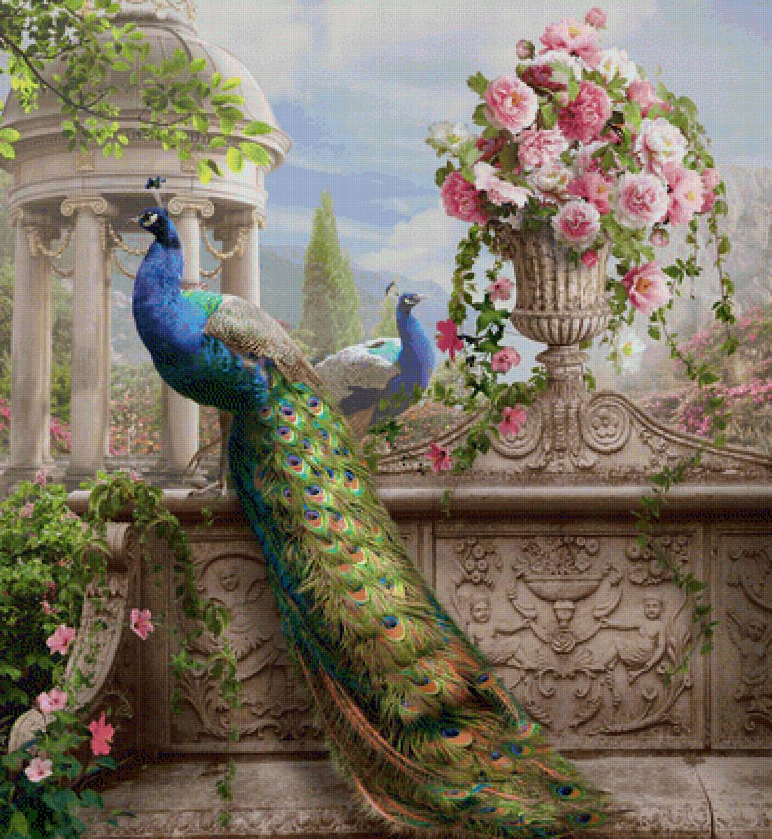 Парв павлинов и ваза с цветами - предпросмотр