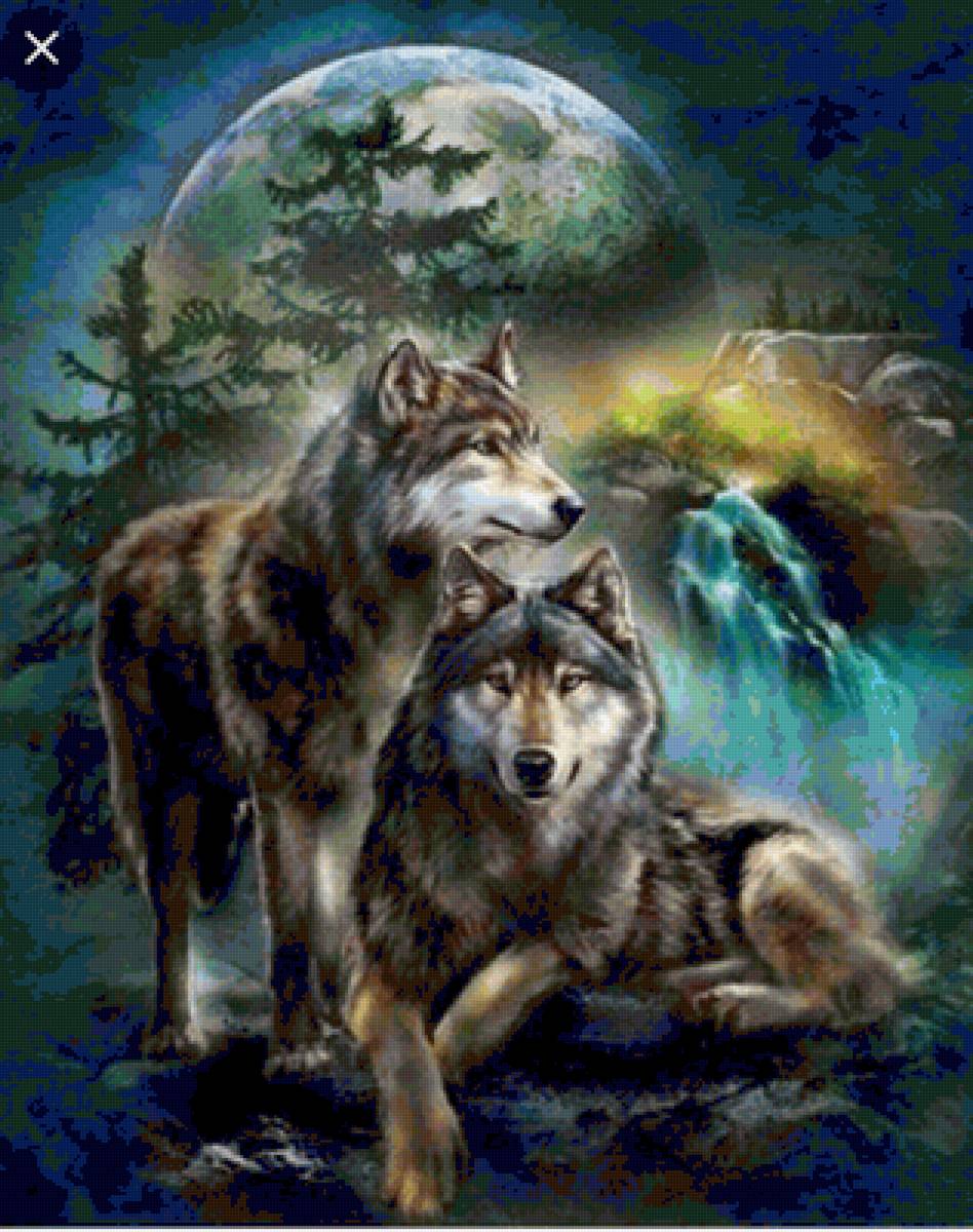 Волки - луна, волки, водопад - предпросмотр