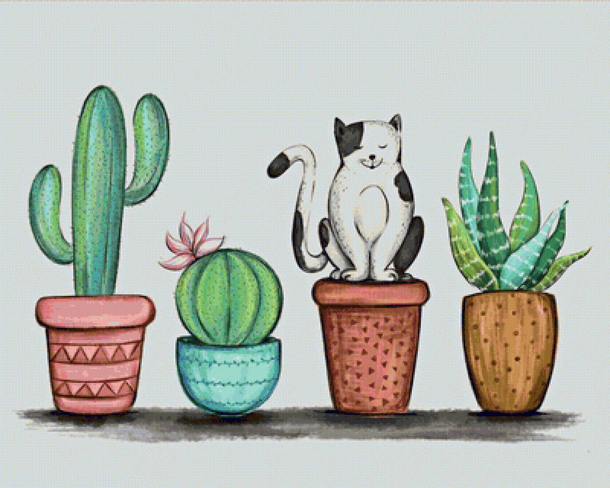 Цветочное ассорти - кот, цветочный вазон, кактус, комнатные цветы - предпросмотр