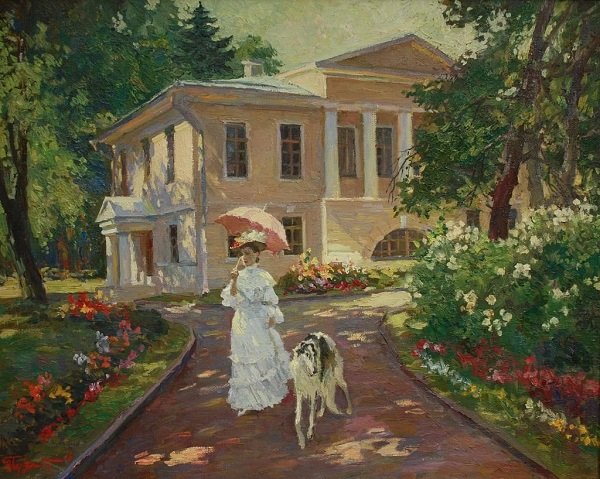 Летний день - собака, дама, сад, усадьба, зонтик от солнца, дом - оригинал