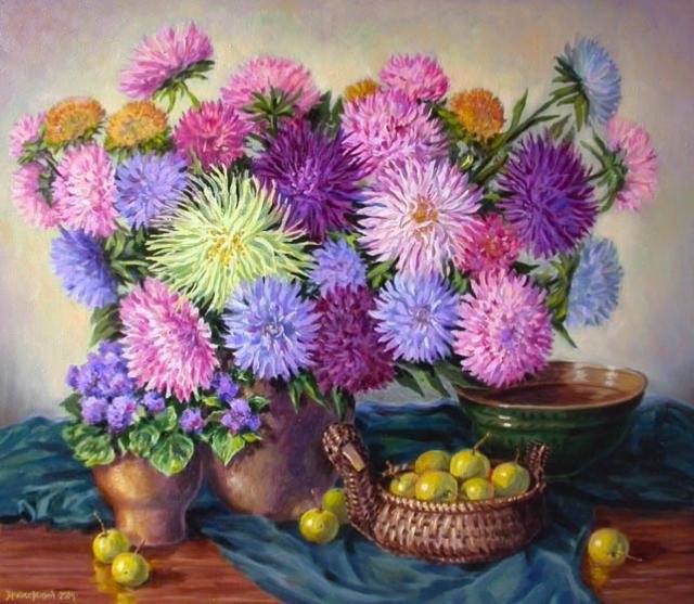 Астры и райские яблочки - натюрморт, цветы - оригинал