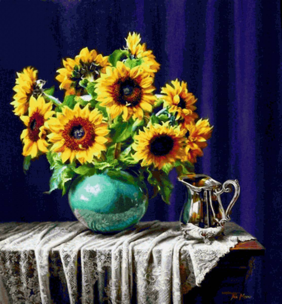 Подсолнухи на синем - цветы - предпросмотр