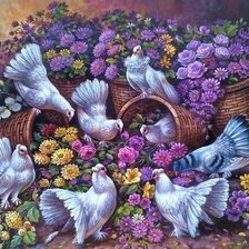 Схема вышивки «Цветы и голуби»