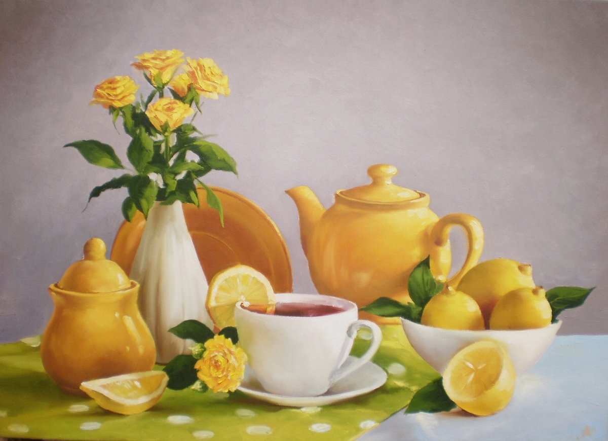 натюрморт с чайником - чашки, чайник, натюрморт, букет - оригинал