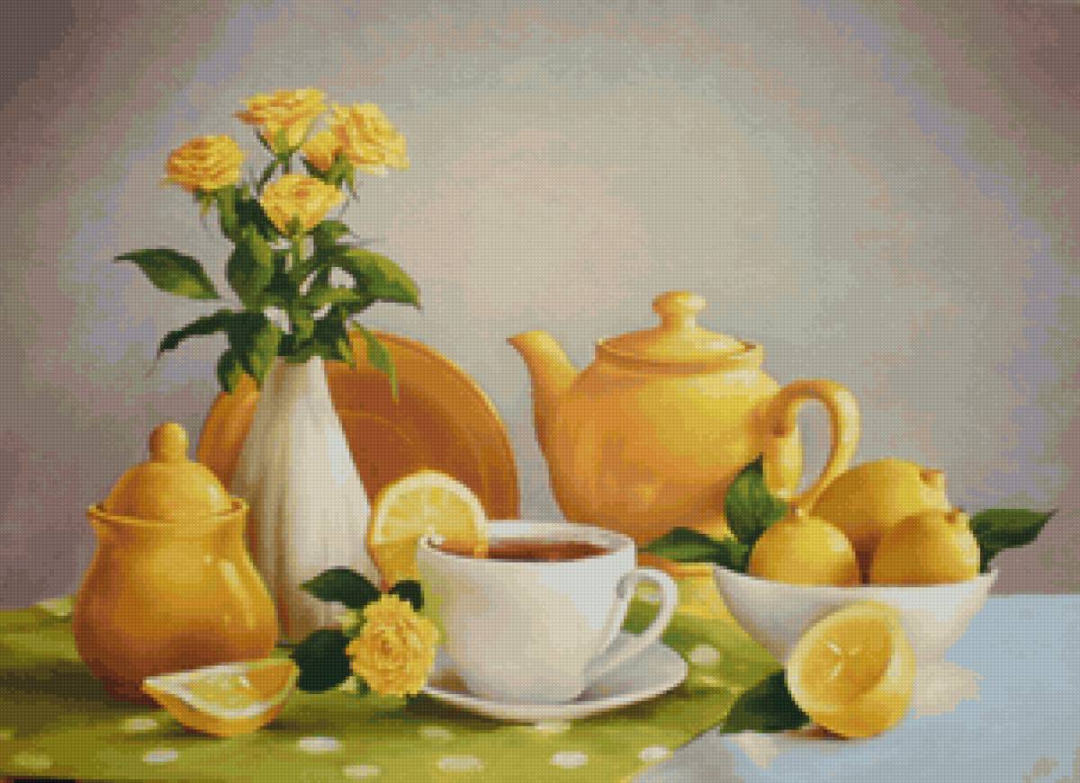 натюрморт с чайником - букет, натюрморт, чашки, чайник - предпросмотр