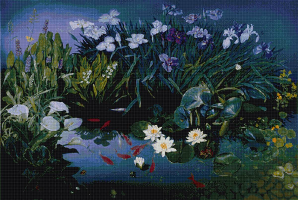 пруд - лето, вода, рыбки, ирис, пейзаж - предпросмотр