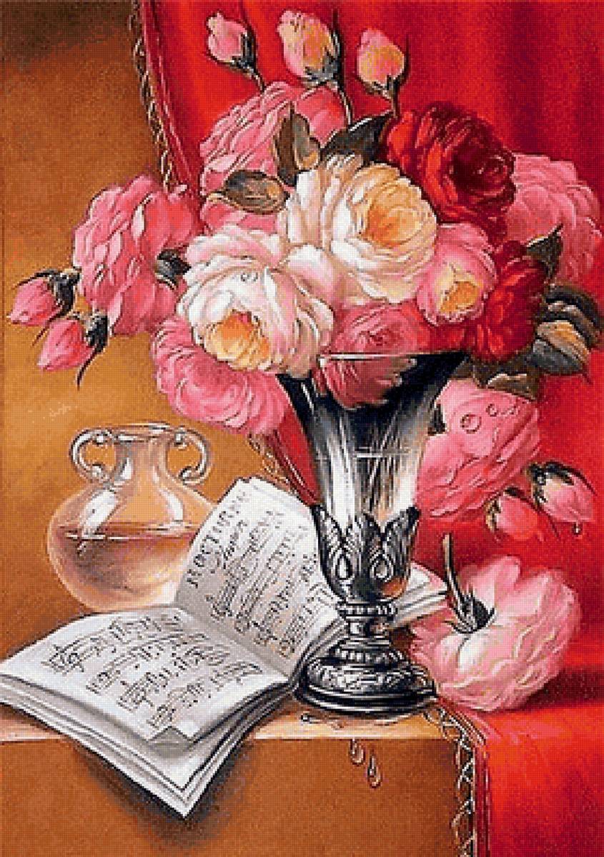 Букет роз и ноты - птицы - предпросмотр