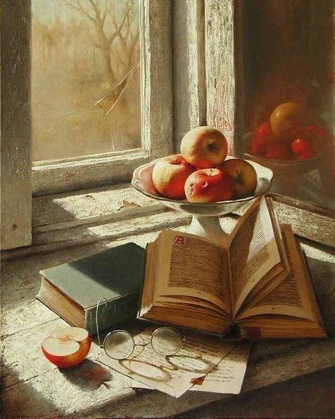 натюрморт - яблоки, книги, окно - оригинал
