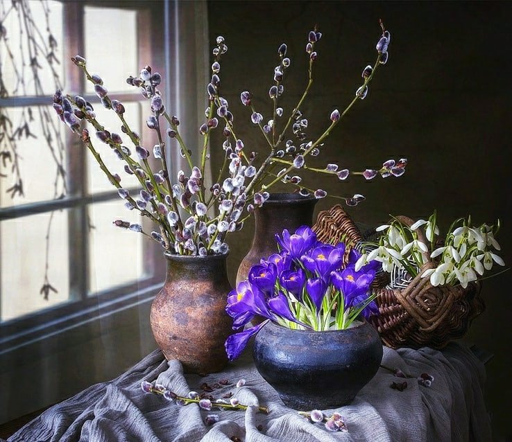 вербное воскресенье - пролески, цветы, корзина, окно, верба - оригинал