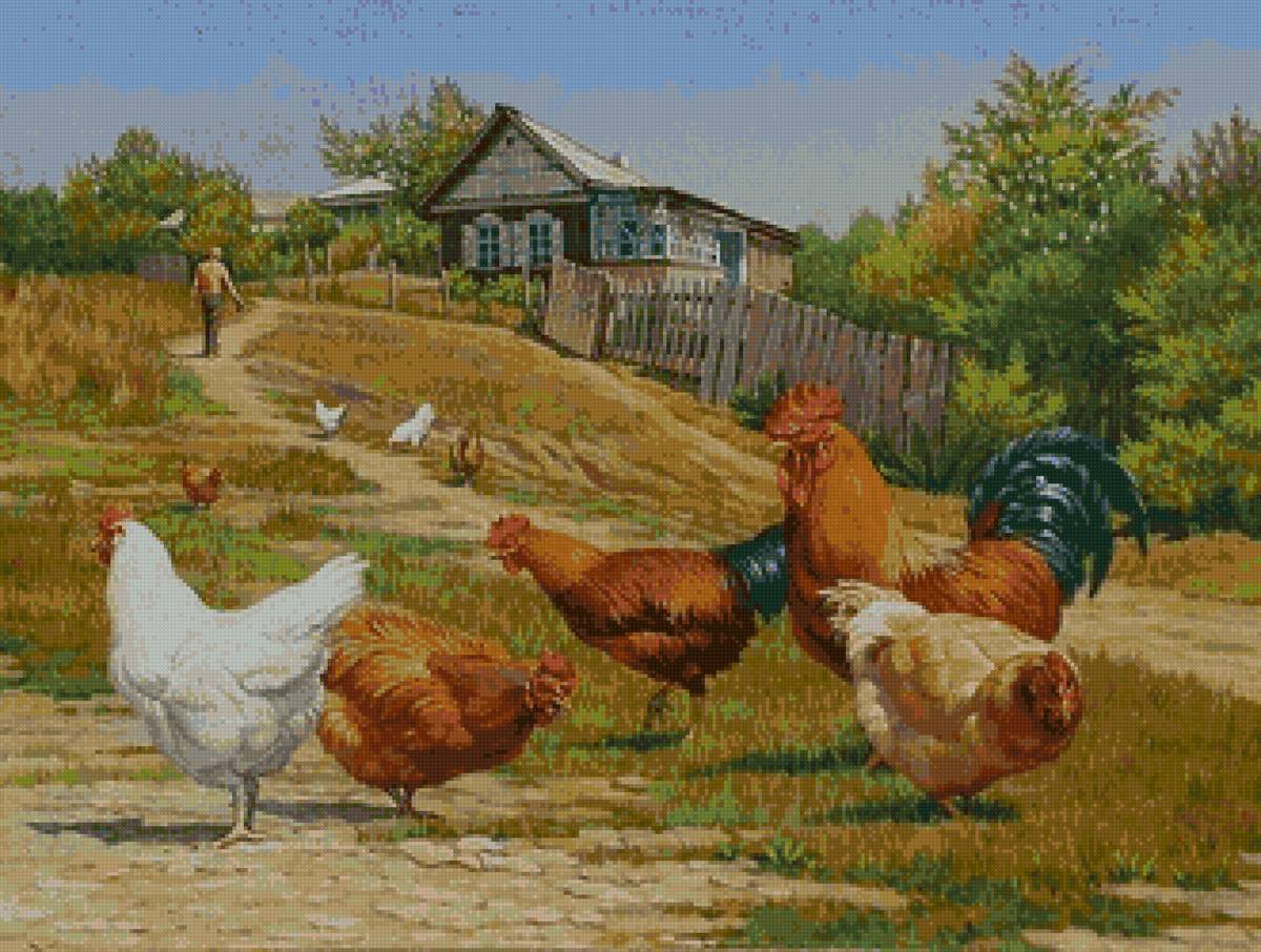 деревня - дорога, птица, лето, домик - предпросмотр