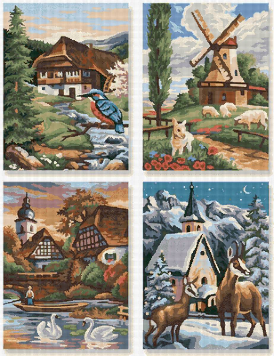 времена года - домик, осень, лето, природа, весна, зима - предпросмотр