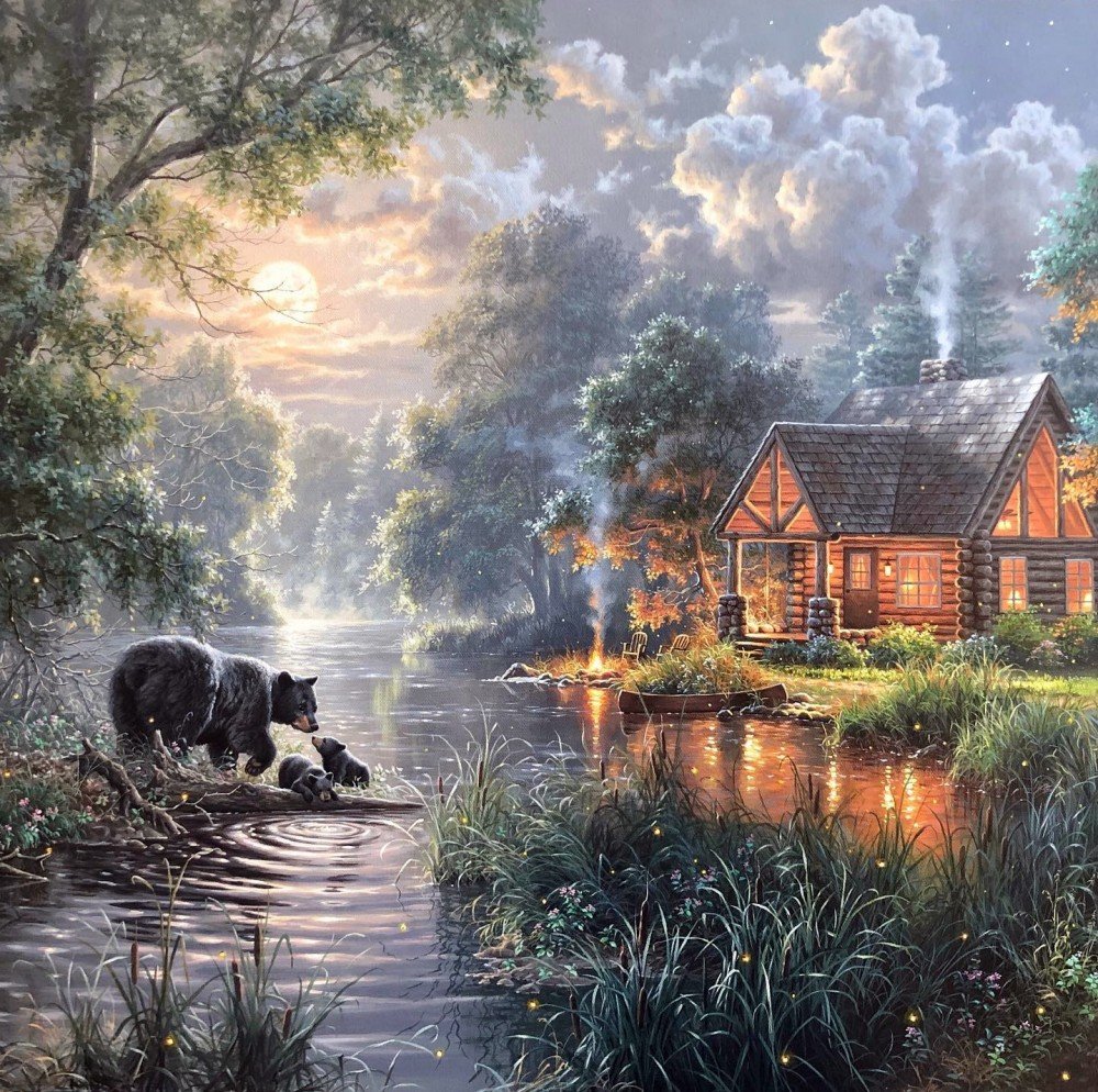 Домик - медведи, домик, речка - оригинал