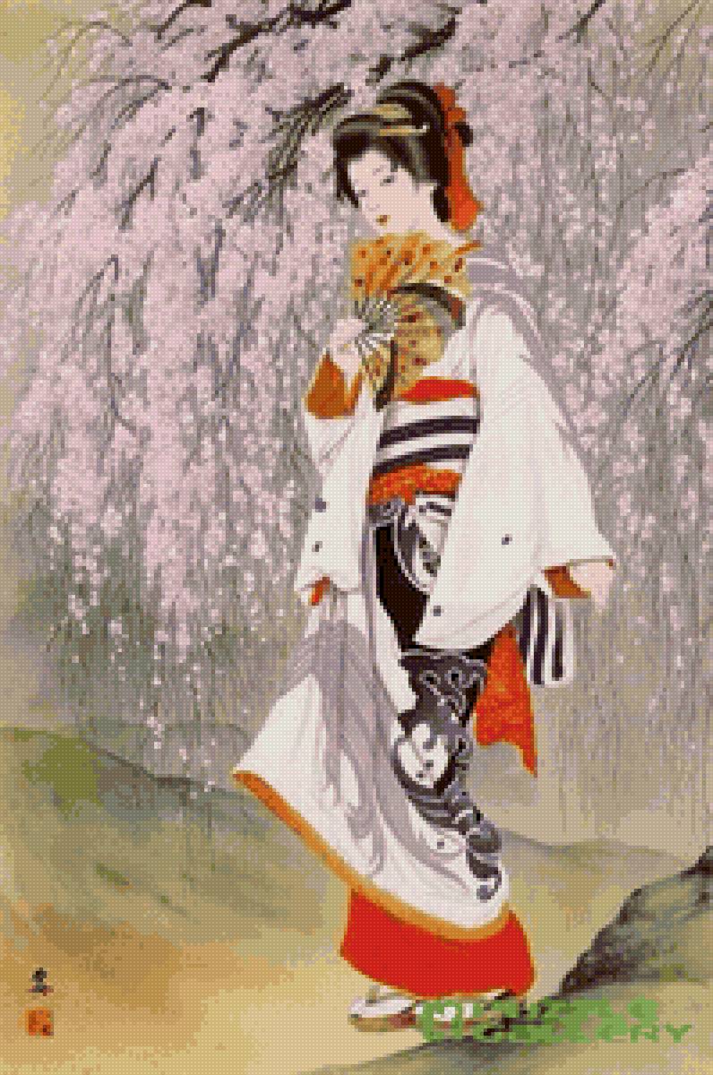 Прогулка под сакурой - япония, кимоно, девушка, сакура - предпросмотр