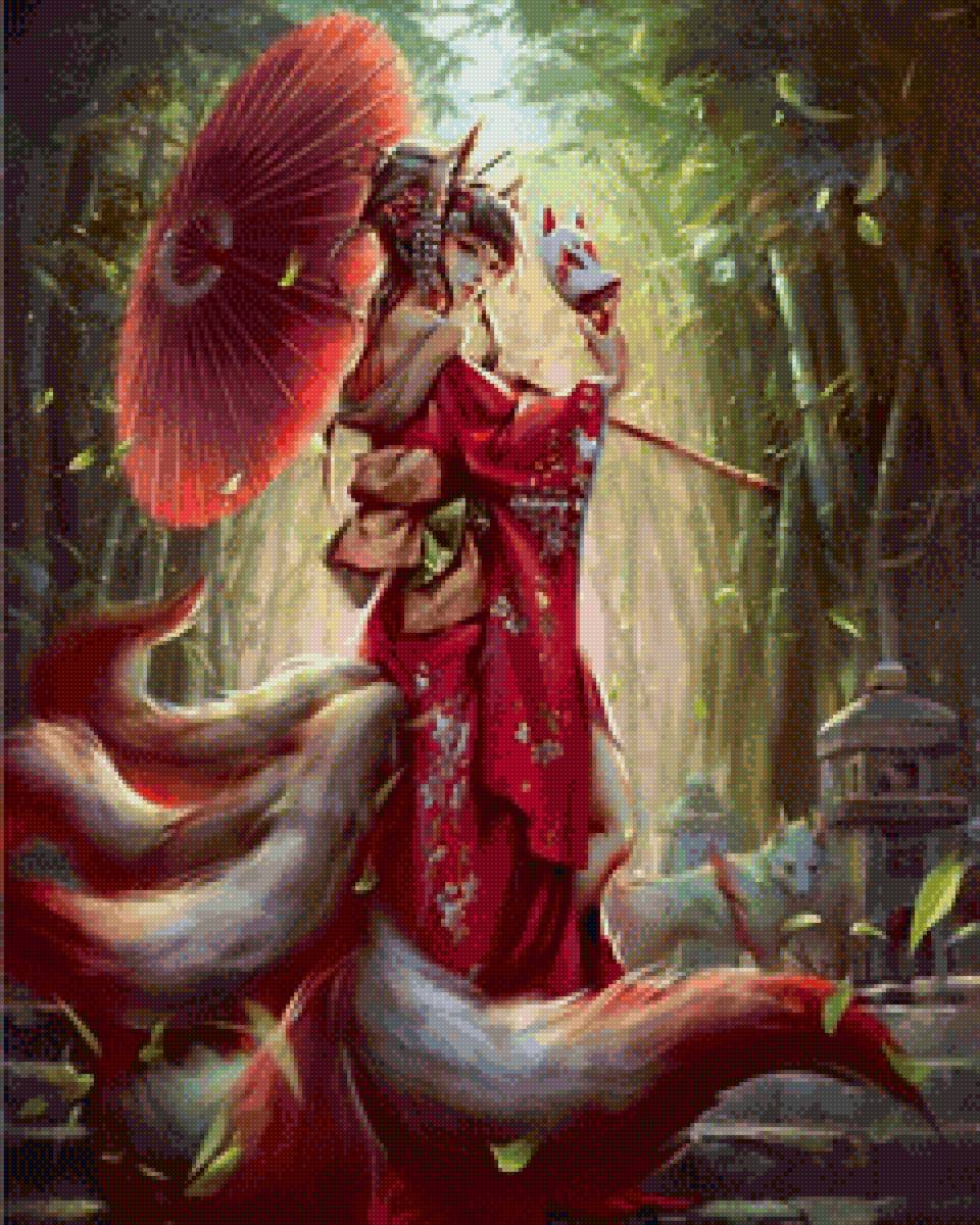 Кицунэ под зонтом - 2 - япония, девушка, кимоно - предпросмотр