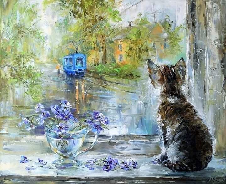После дождя. Худ. Оксана Кравченко - окно, котик, оксана кравченко - оригинал
