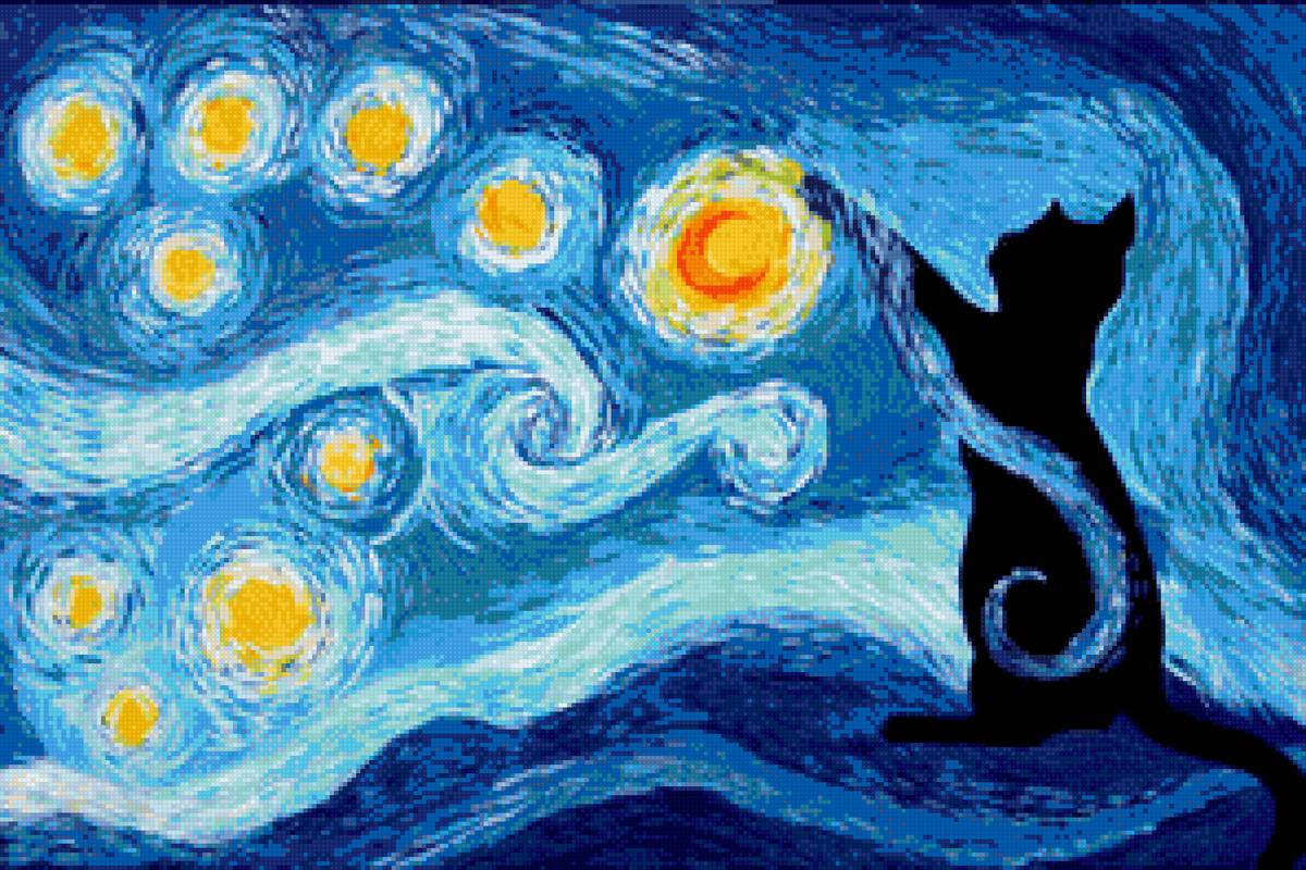 Starry night with twist black cat - night, stars, black cat - предпросмотр