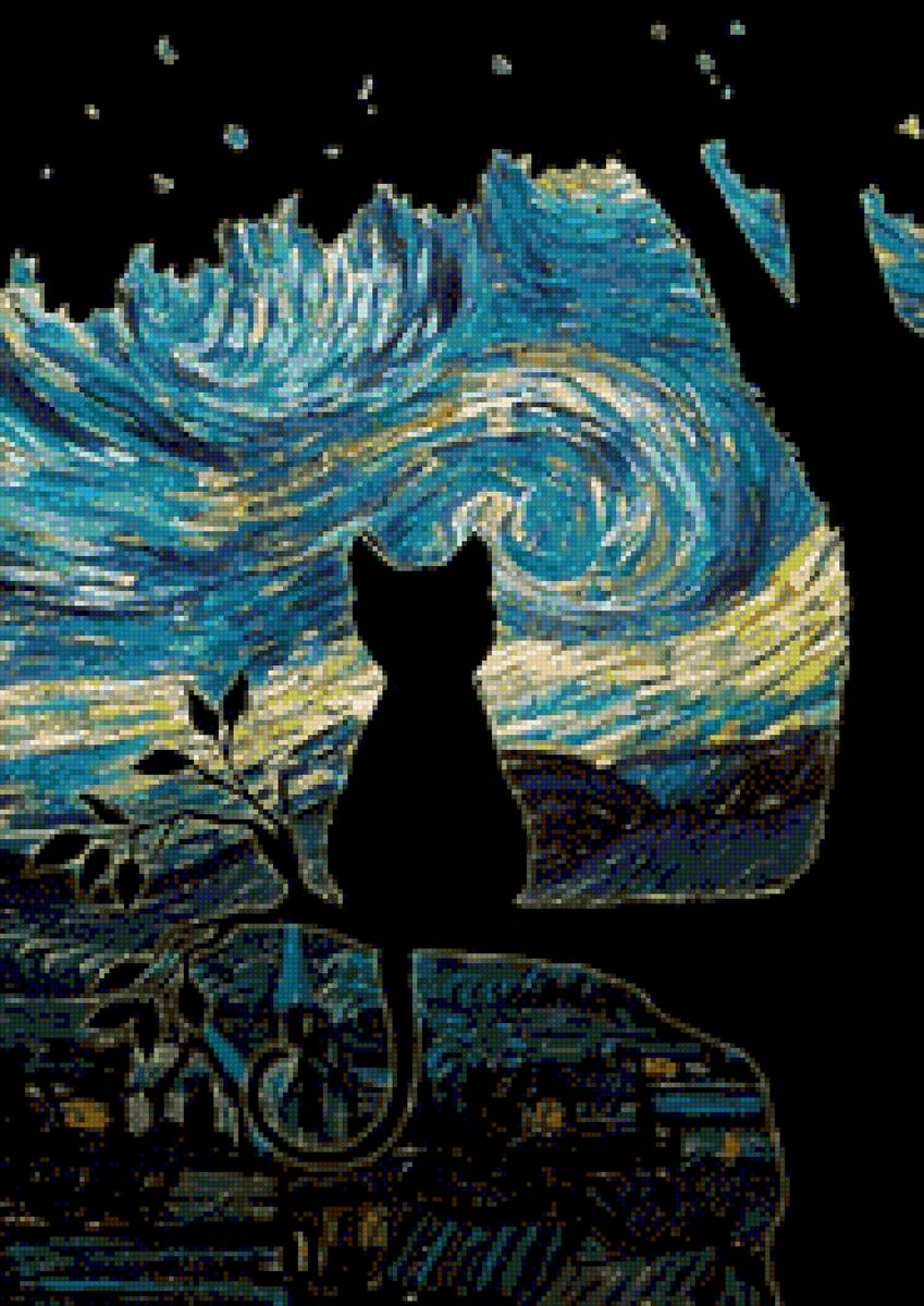 Little starry night kitty - stars, night, black cat - предпросмотр