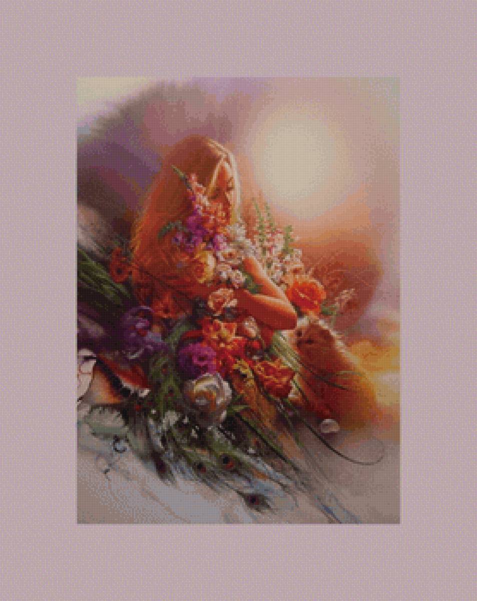 Ли Богл.Девушка с цветами и котом - цветы, девушка, кошка, портрет, кот - предпросмотр