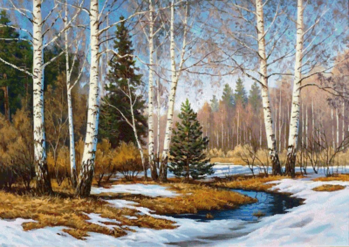 Весна - пейзаж, снег, ручей, проталины, ели, весна, березы - предпросмотр