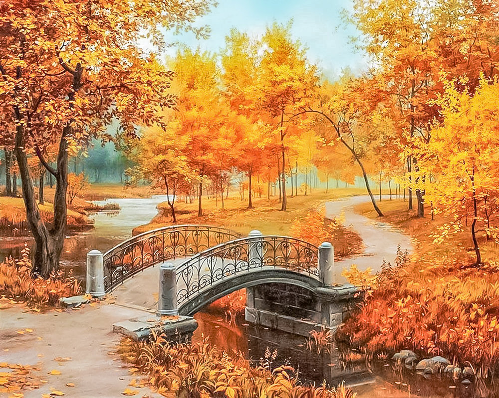 Осень 3 в старом парке - пейзаж, парк, осень, мостик, ручей - оригинал