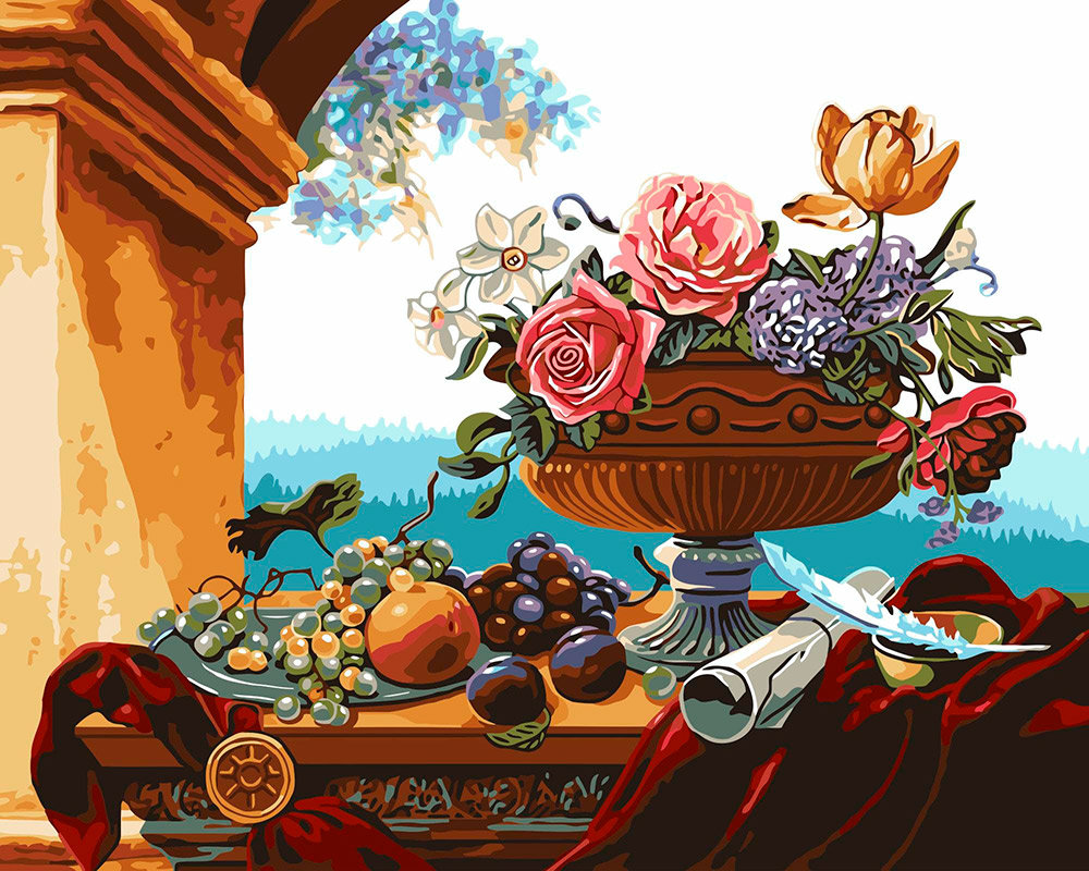 Натюрморт - цветы, ваза, фрукты - оригинал