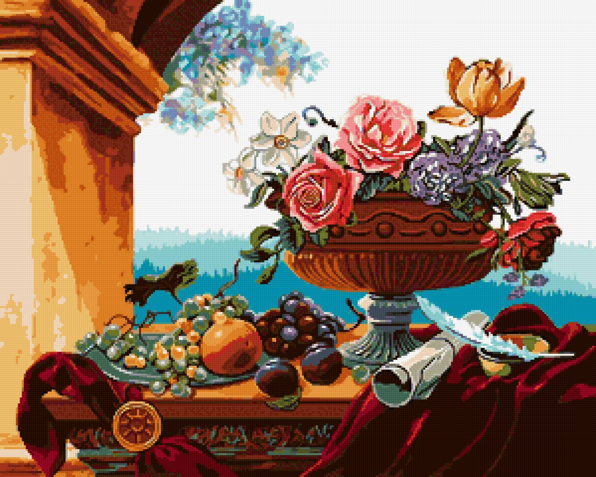 Натюрморт - фрукты, цветы, ваза - предпросмотр