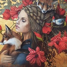 девушка, цветы, лисята
