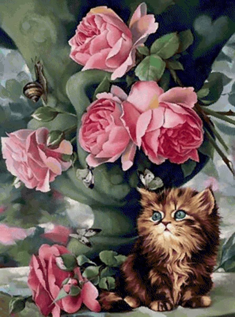 Котенок с цветами - котенок, цветы - предпросмотр