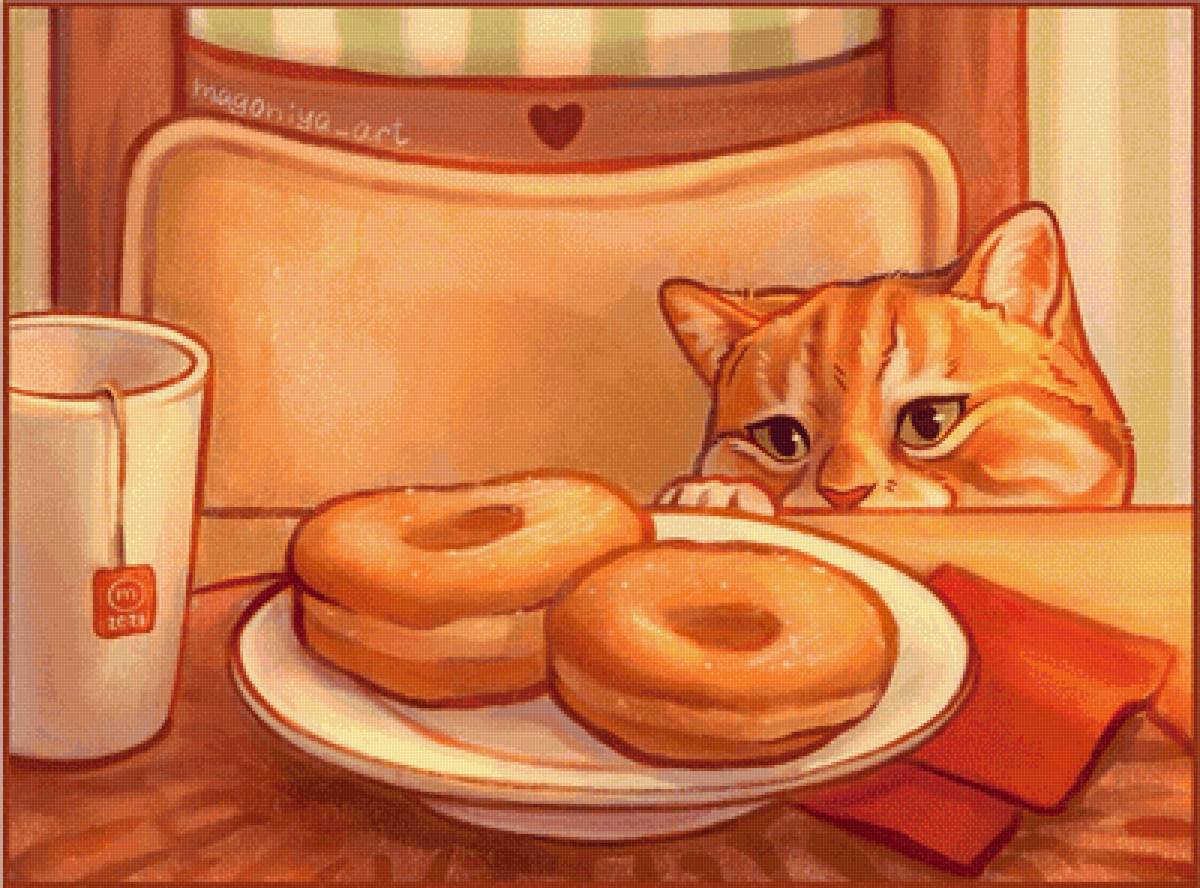 завтрак с котом - чашка, кошка, завтрак, кот, пончики - предпросмотр