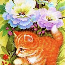 Схема вышивки «Котенок с цветами»