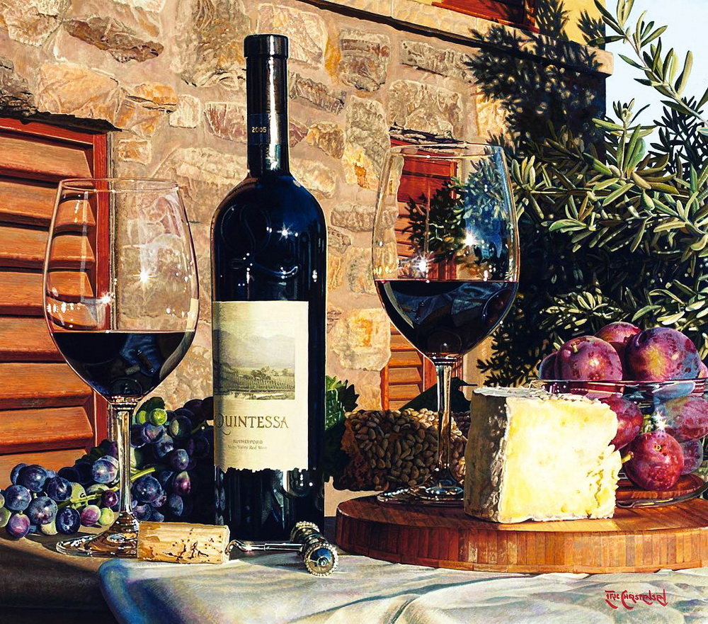 Винный натюрморт акварель худ. Эрик Кристенсен - виноград, картина, акварель, сыр, вино - оригинал