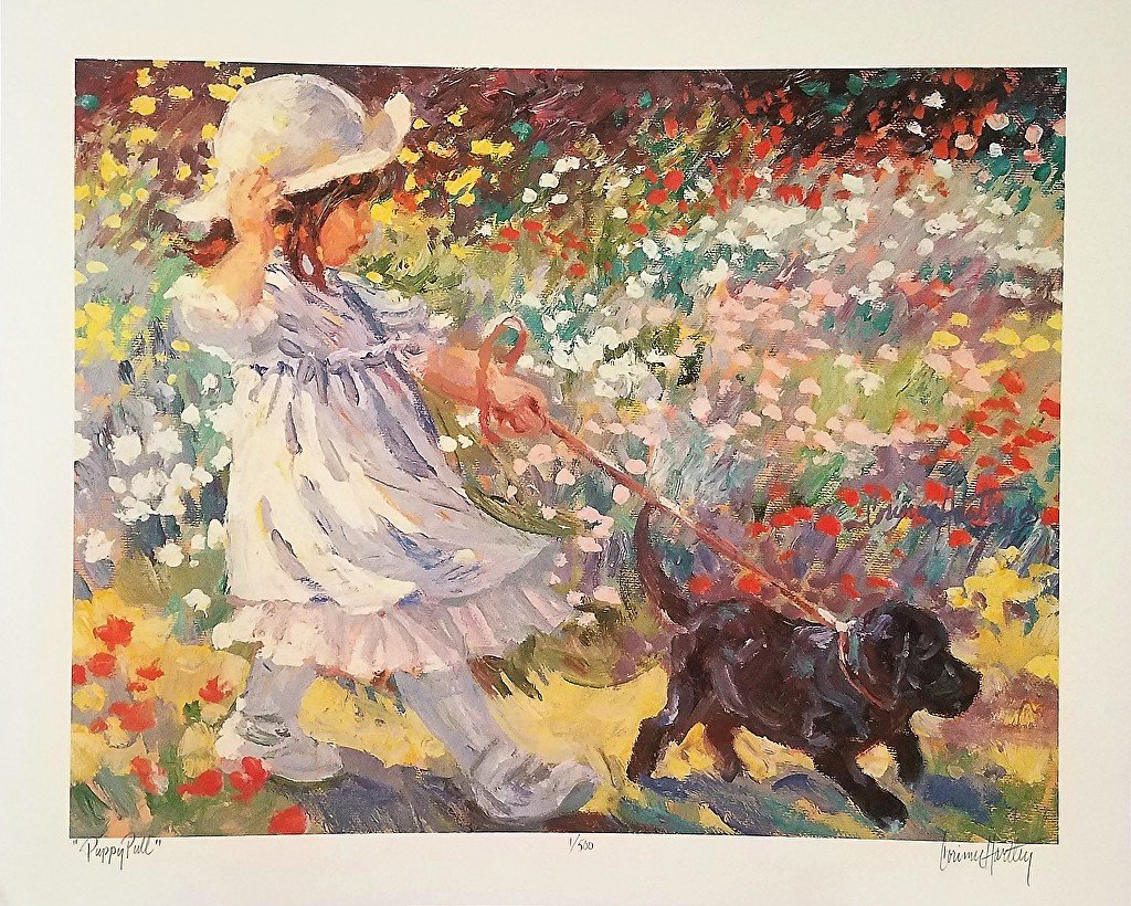 watercolor, - girl with puppy - оригинал