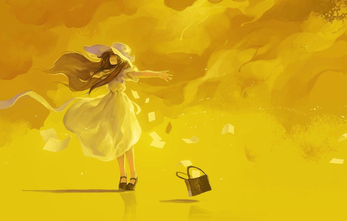 девушка в желтом - шляпа, сумка, девушка, платье, желтый, ветер - оригинал