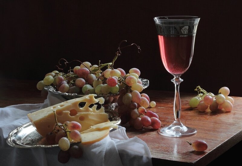 Бокал вина - сыр, натюрморт, виноград, вино - оригинал