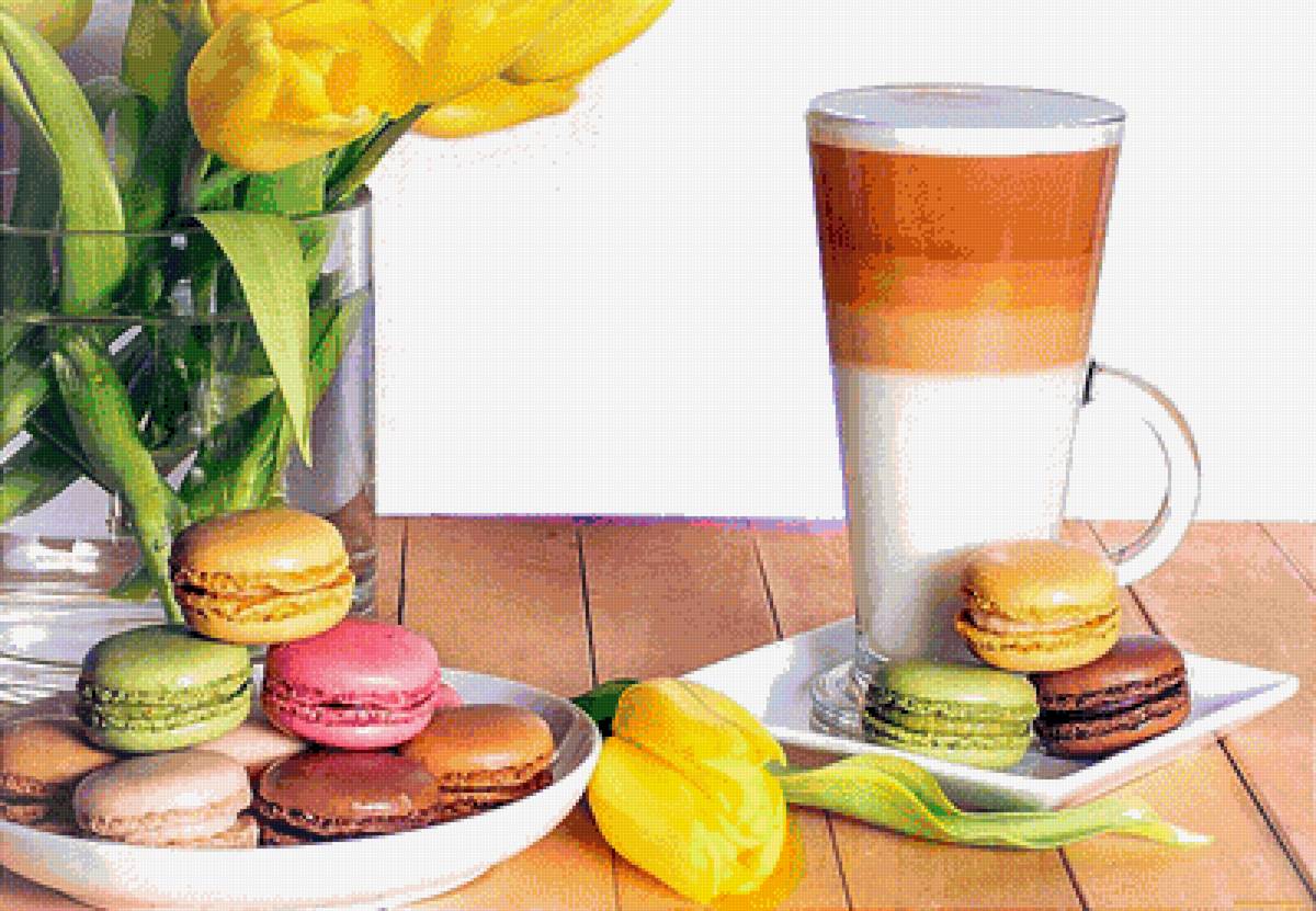 Кофе и сладости - сладости, кофе, тюльпаны, цветы, макаруны, кухня, натюрморт - предпросмотр