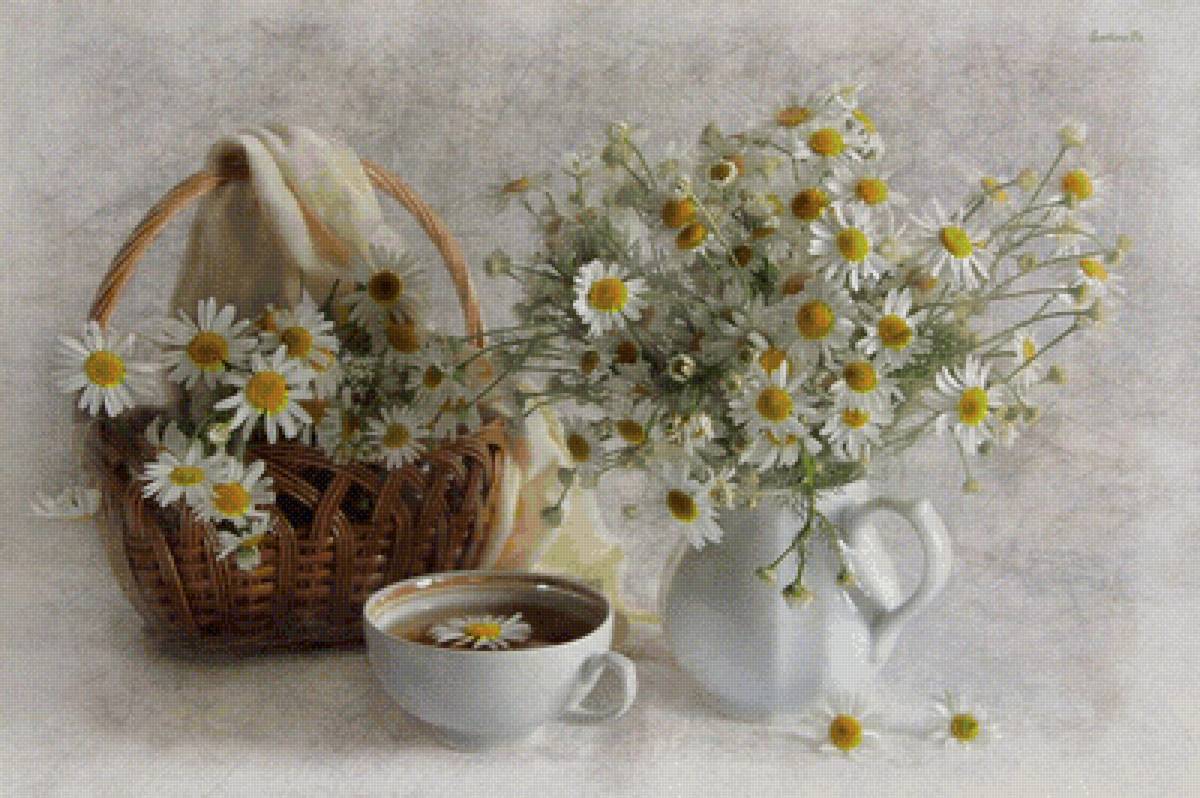 Ромашковый чай - натюрморт, корзина, ромашки, цветы, чай - предпросмотр