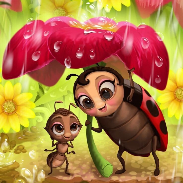 Дождливый день - дождь, муравей, божья коровка, жуки, цветы - оригинал