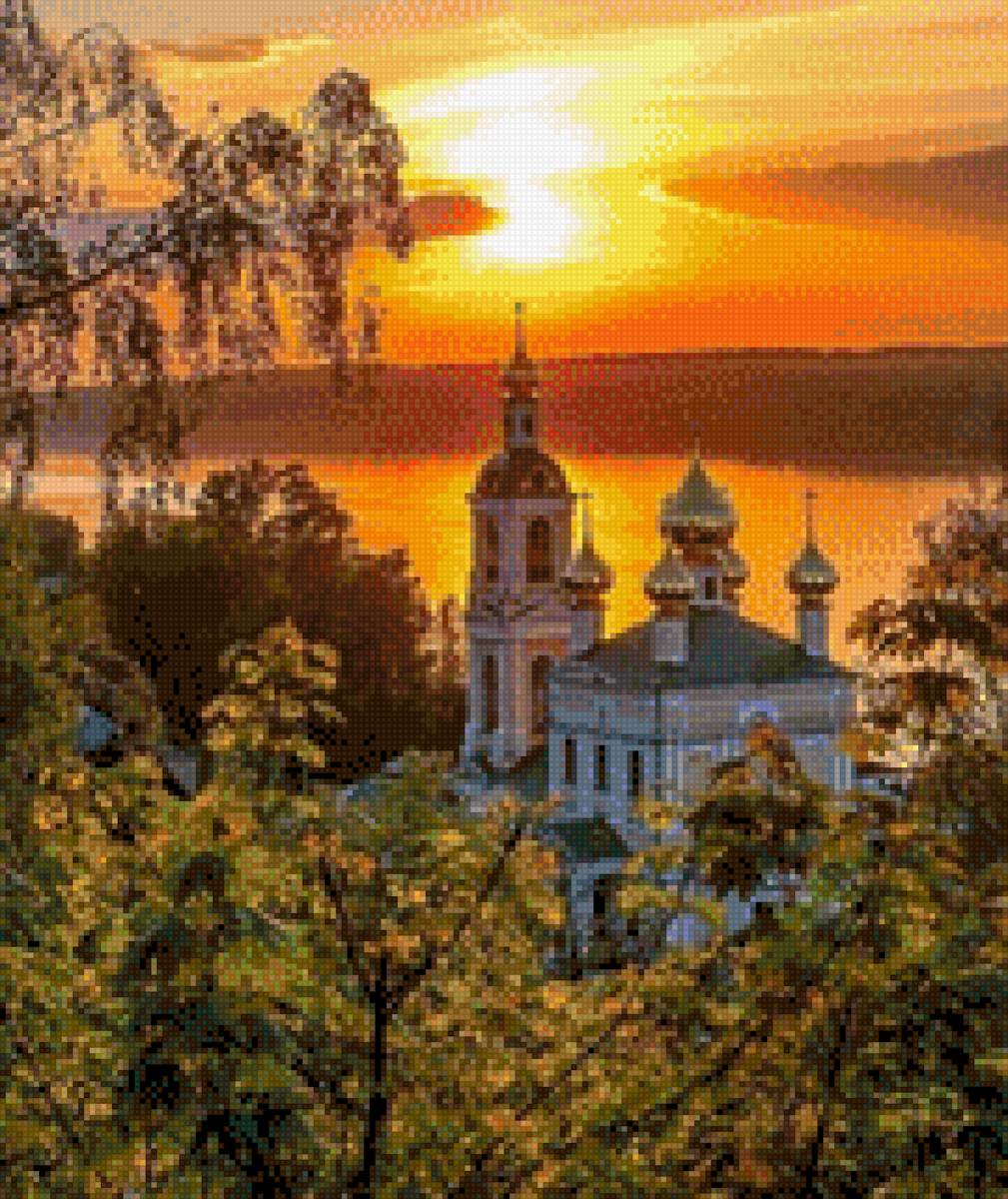 Церковь - церковь, деревья, река, закат - предпросмотр