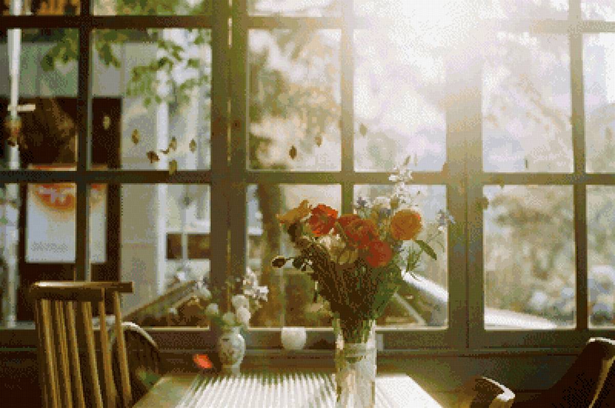 букет на столике - кафе, столик, окно, маки, букет - предпросмотр