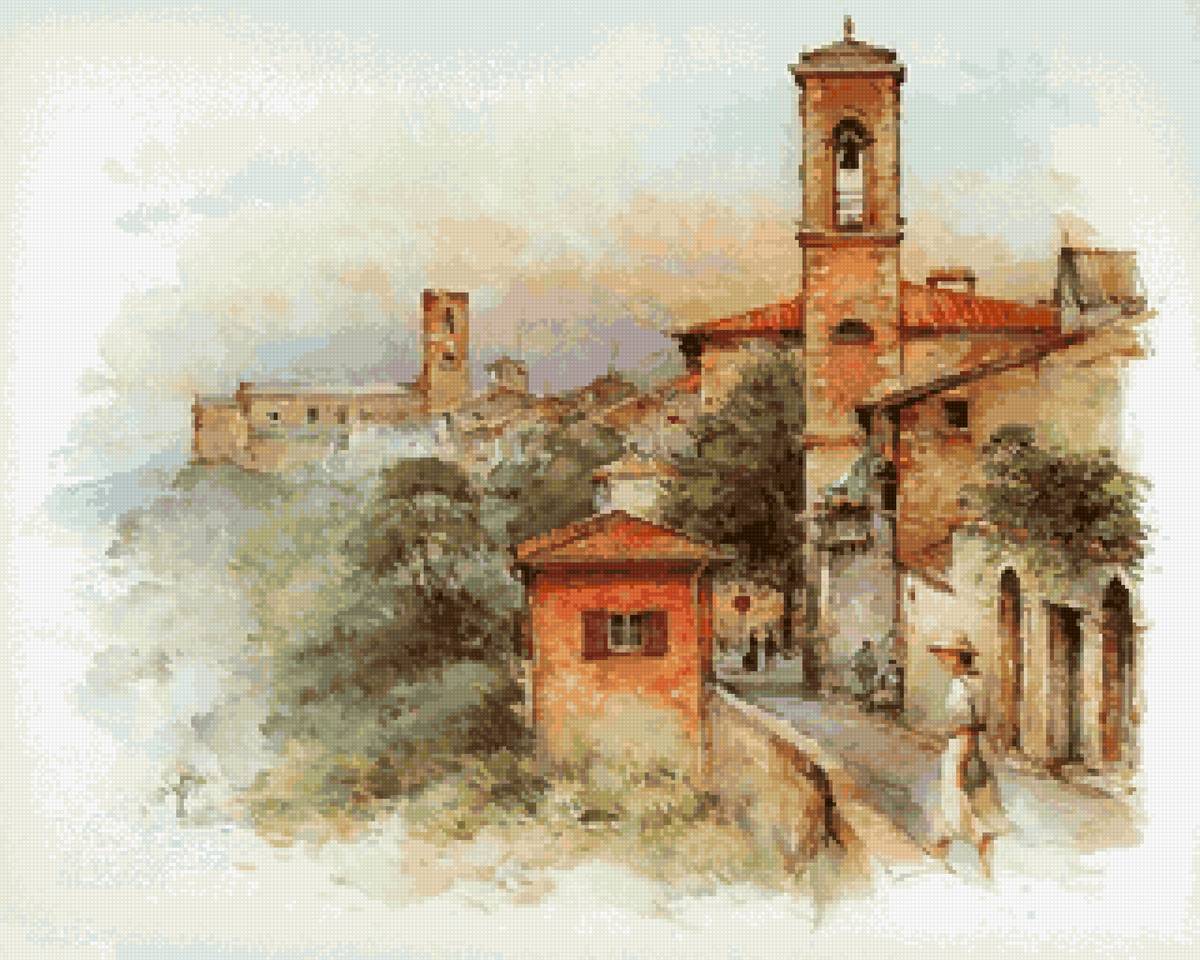 Старый город - акварель, пейзаж, улица, город, дома - предпросмотр