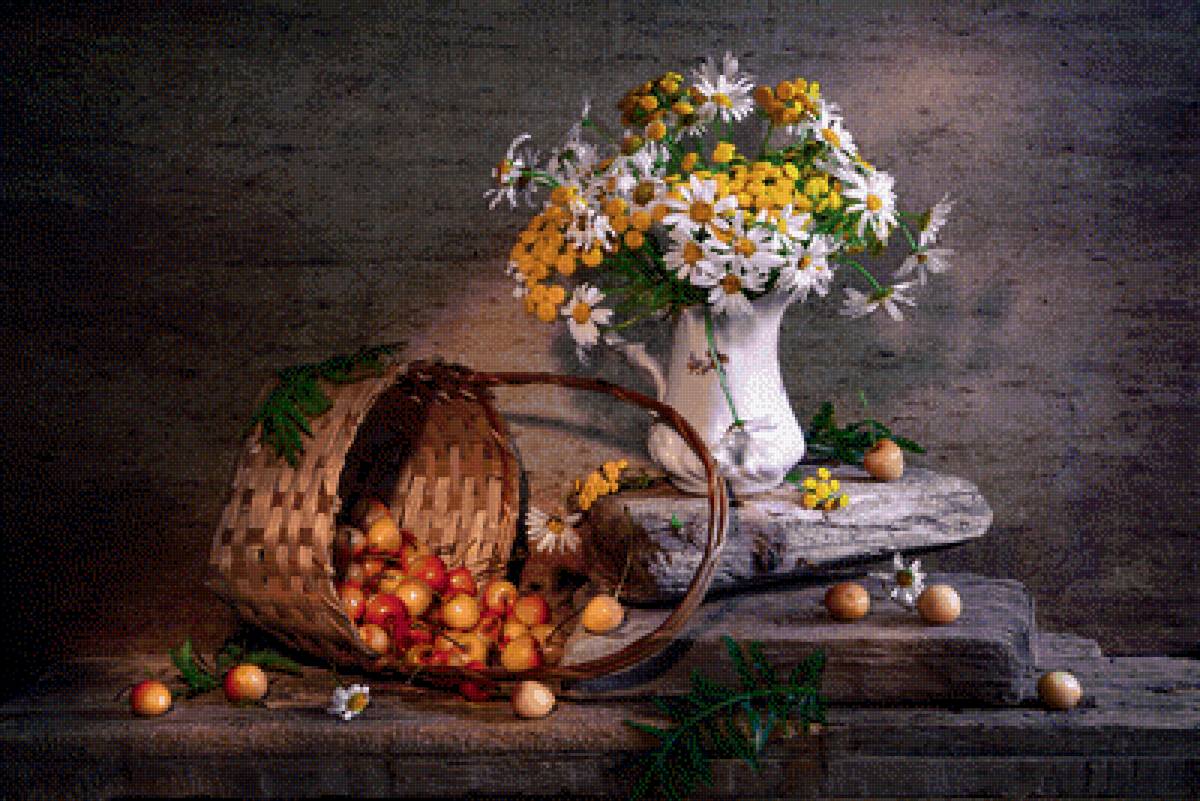 Летний натюрморт - натюрморт, черешня, ягода, цветы, ромашки, букет - предпросмотр