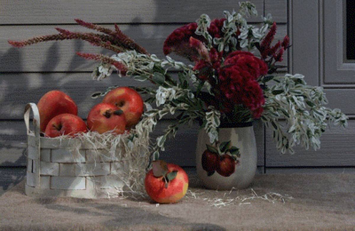 Натюрморт с яблоками - цветы, натюрморт, букет, яблоки - предпросмотр