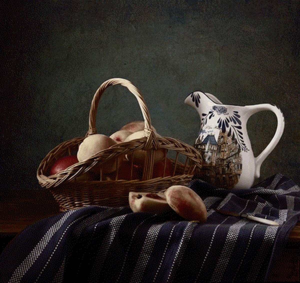 Натюрморт с персиками - корзина, персики, натюрморт, кувшин - предпросмотр