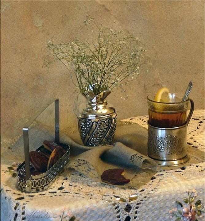 Чай с лимоном - букет, лимон, печенье, чай, цветы, натюрморт - оригинал