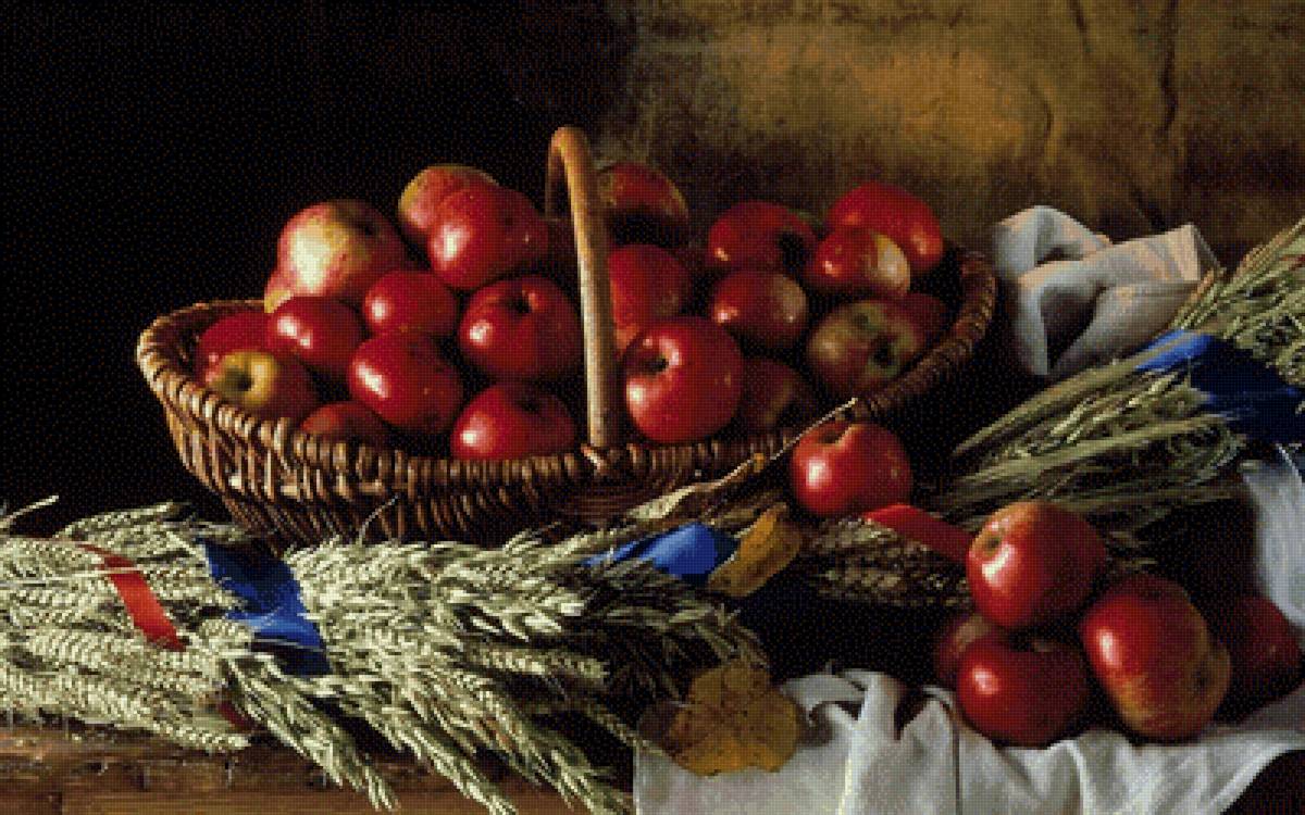 Яблоки - натюрморт, яблоки, корзина, колосья - предпросмотр