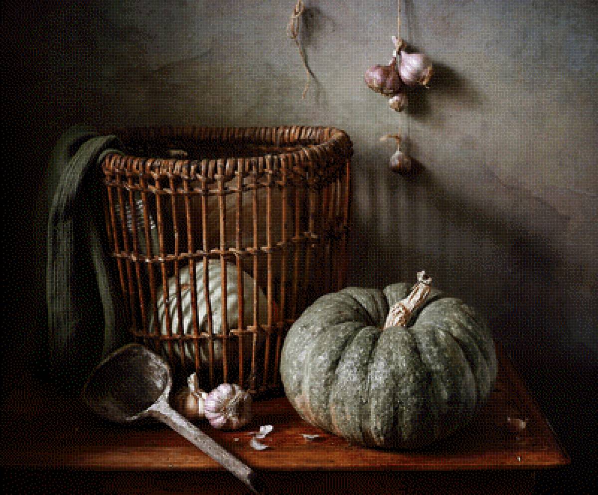 Тыква - натюрморт, чеснок, тыква, корзина - предпросмотр