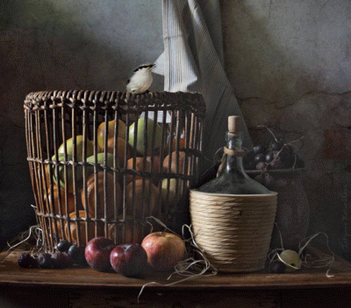 Фрукты - птичка, корзина, яблоки, фрукты, виноград, натюрморт - предпросмотр