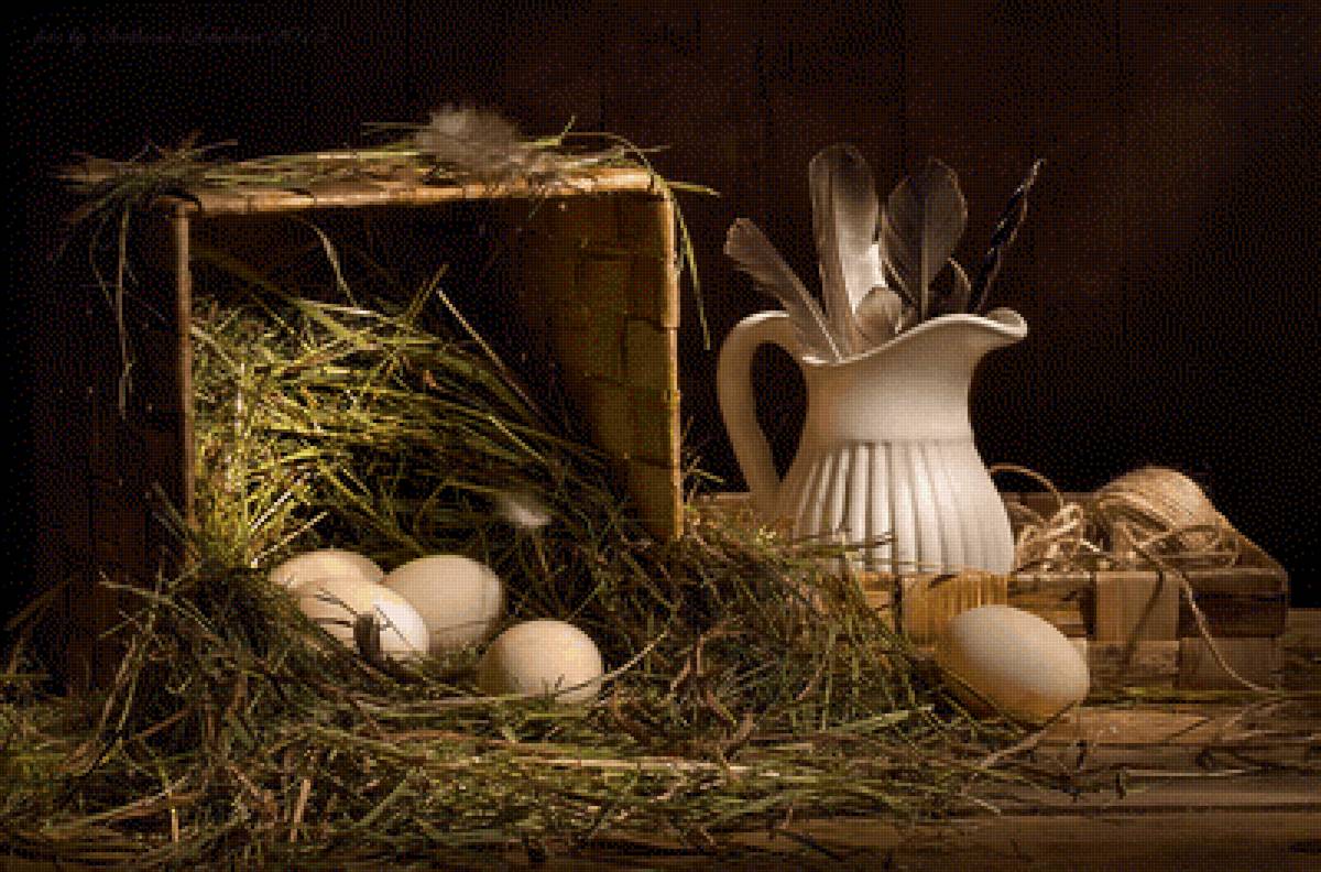 Утро в курятнике - натюрморт, перо, кувшин, корзина - предпросмотр